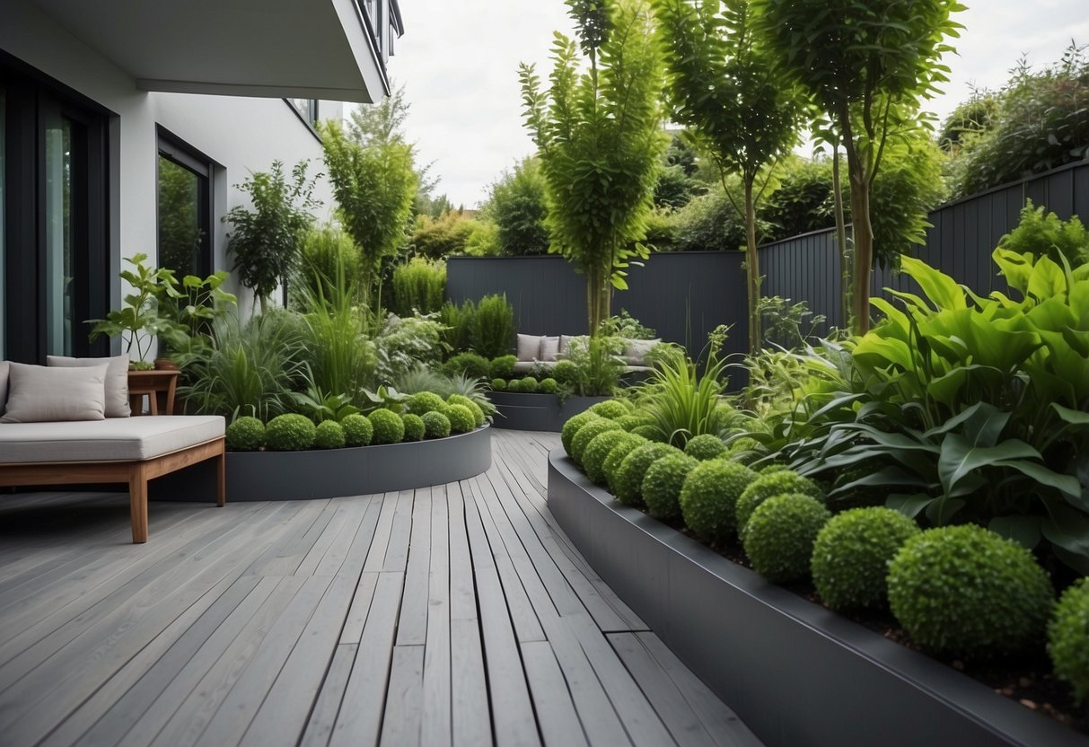 Lush green plants fill the grey decking garden, creating a serene and inviting outdoor space. The containers vary in size and shape, adding visual interest to the scene