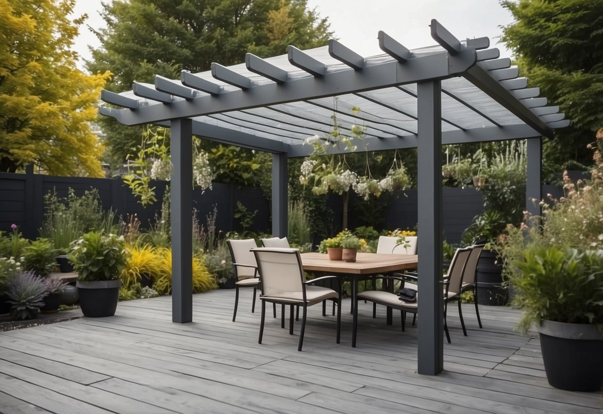 A pergola with grey beams stands over a grey decking, surrounded by garden ideas