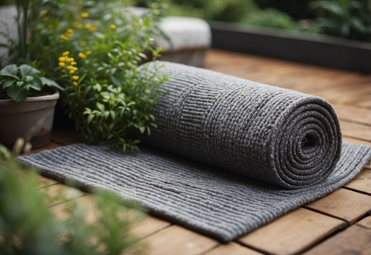 A grey outdoor rug sits on a wooden decking surrounded by lush greenery, creating a cozy and inviting garden space