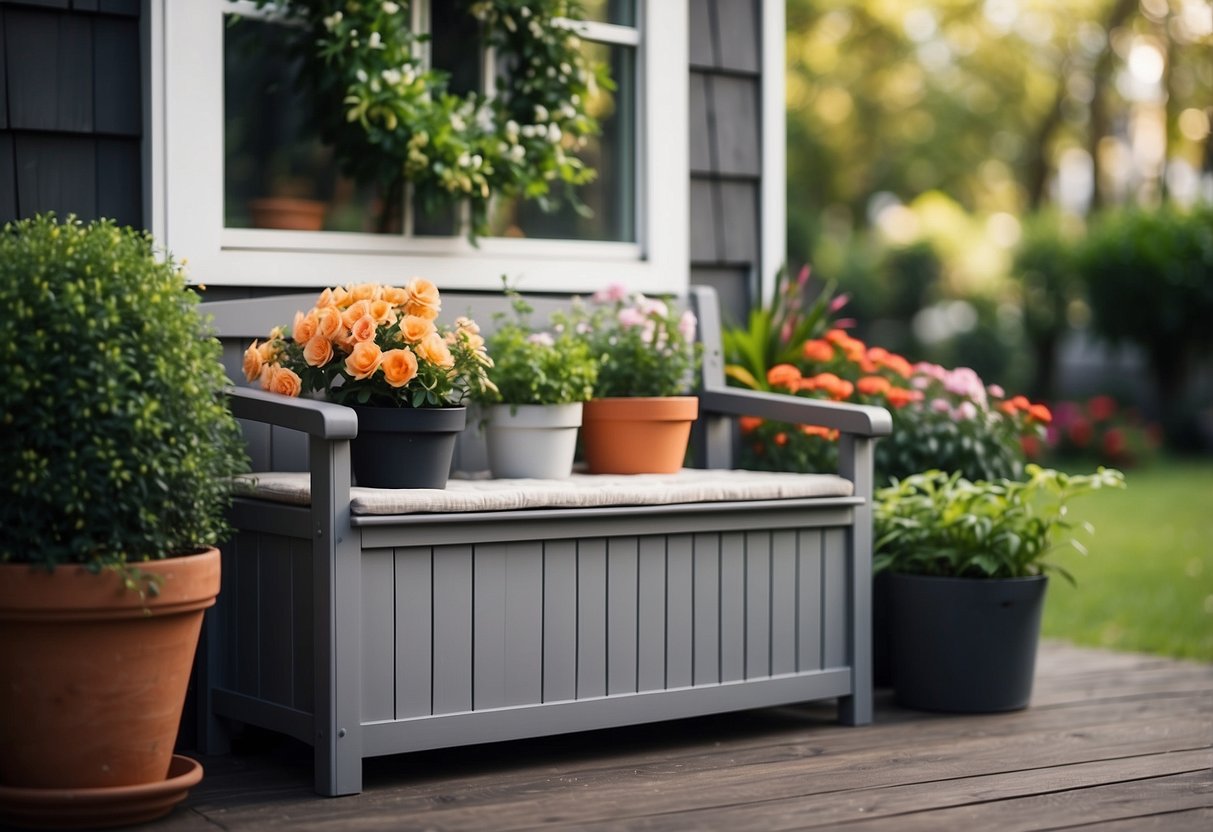 A grey garden storage bench sits on a deck surrounded by lush greenery, with potted plants and flowers adding pops of color