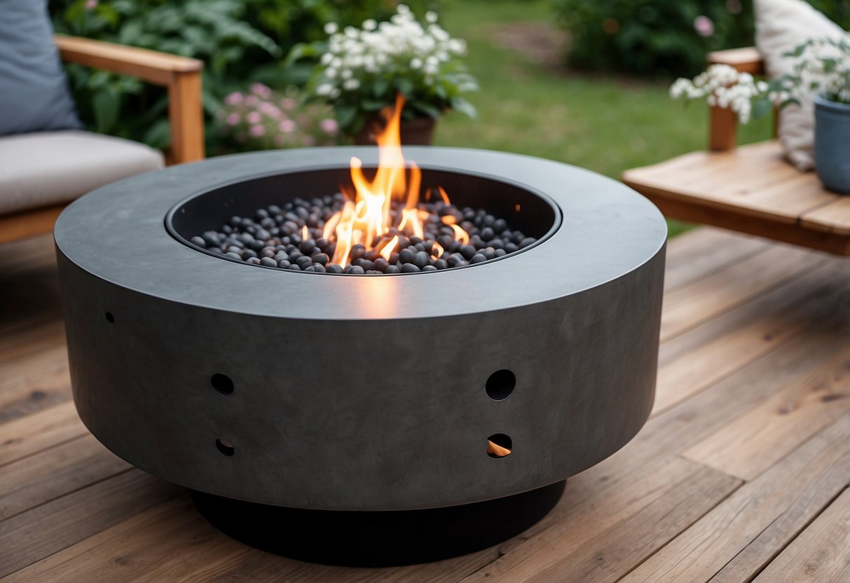 A grey fire pit table sits on a wooden deck in a garden, surrounded by lush greenery and decorative elements