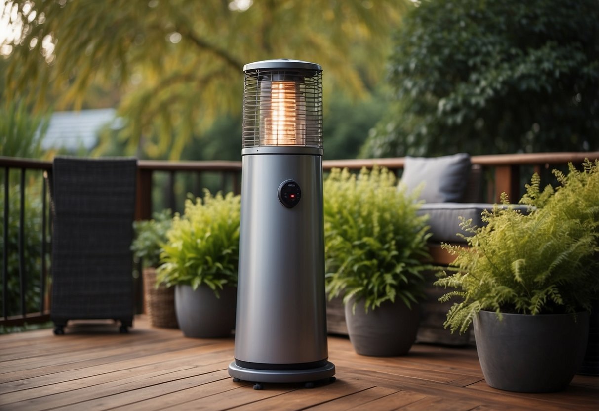 A grey patio heater stands on a wooden decking surrounded by a lush garden