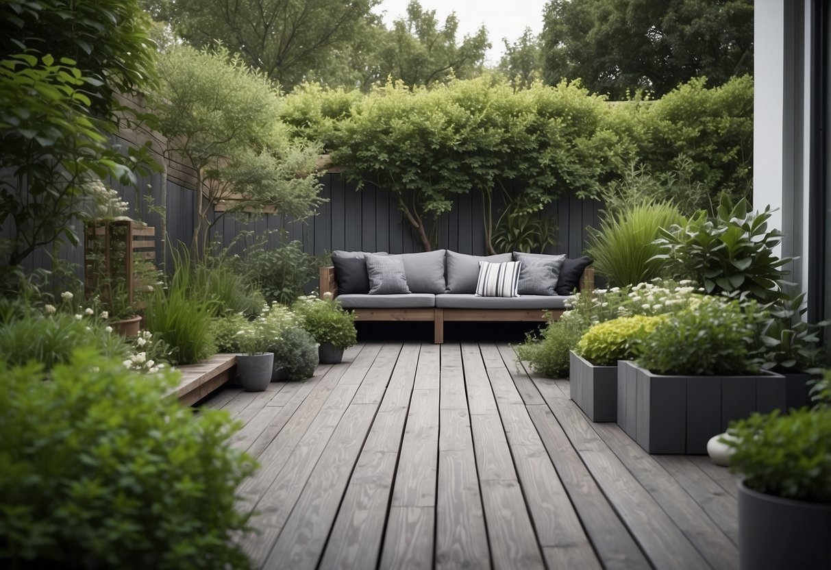 A serene garden with grey decking, surrounded by lush greenery and potted plants. The decking is made of weathered grey wood, adding a touch of modern elegance to the outdoor space