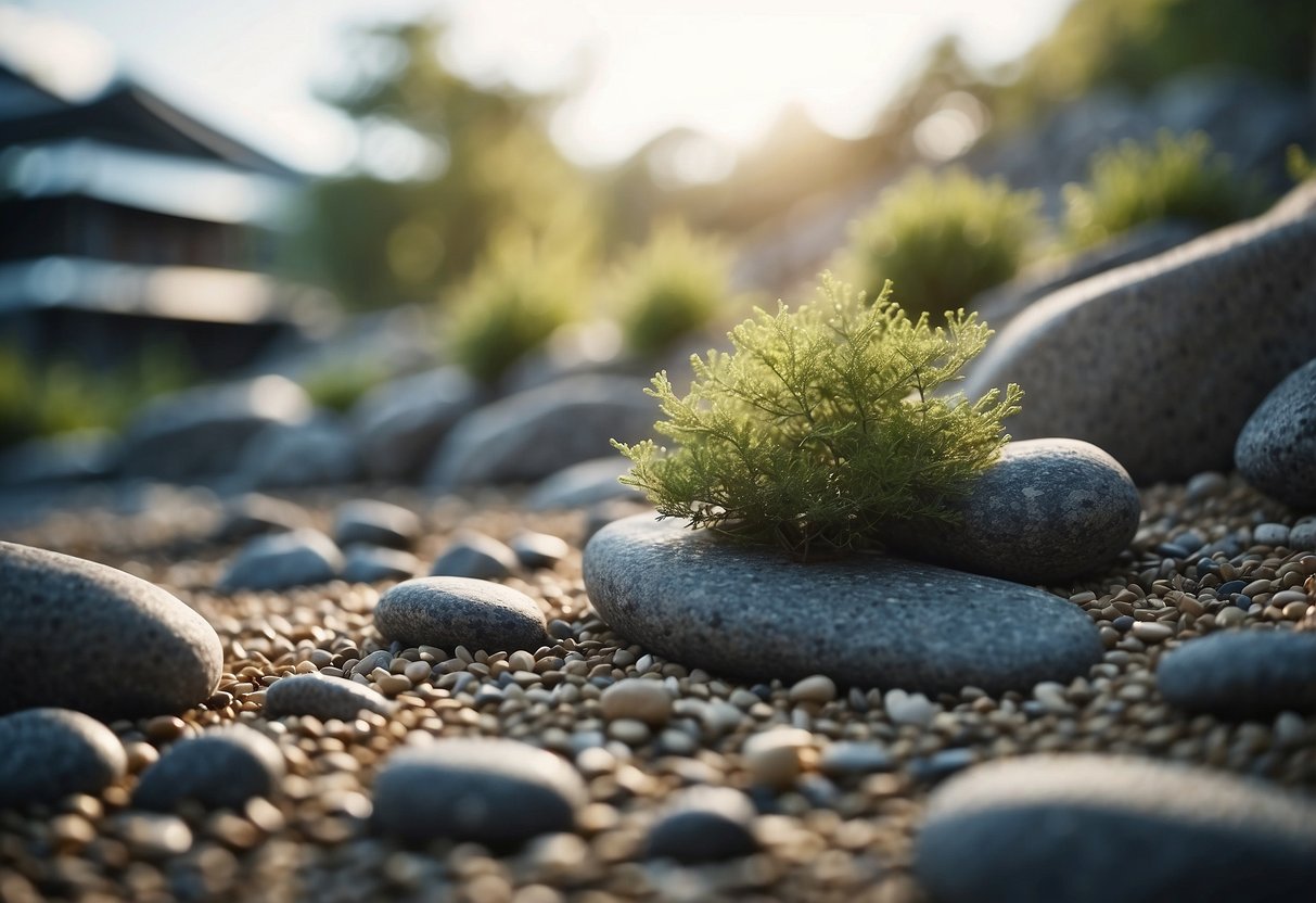 A tranquil Zen rock garden with carefully placed granite stones, raked gravel, and minimal vegetation