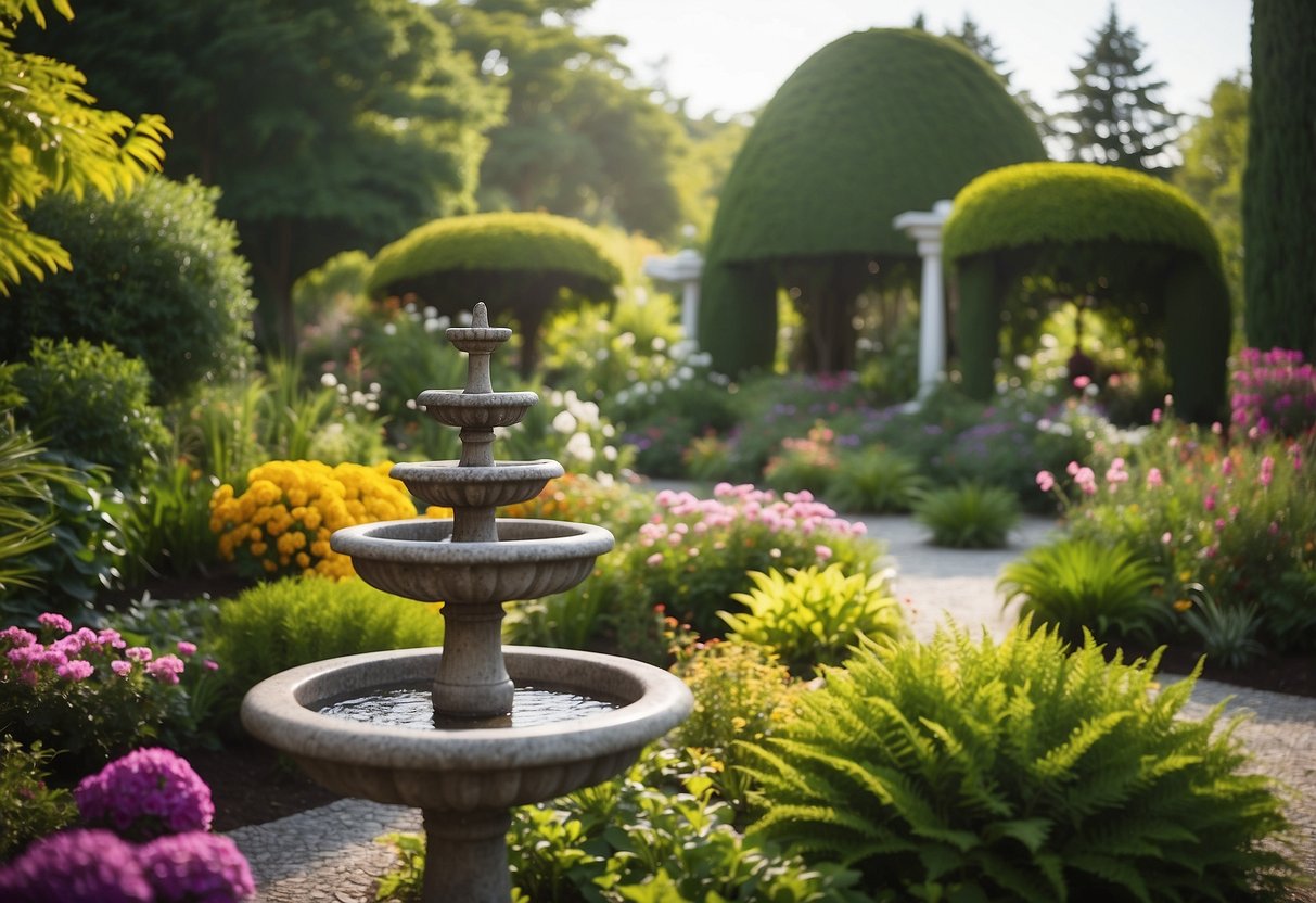 A lush garden with multiple granite bird baths nestled among vibrant flowers and lush greenery