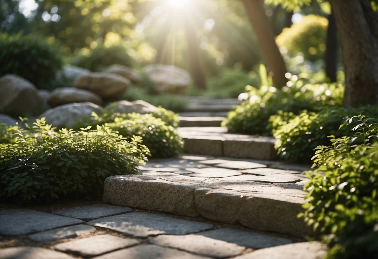 Sunlight filters through lush greenery onto granite stepping stones in a serene garden setting