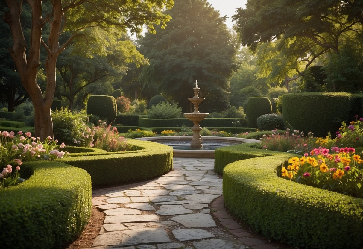 A winding granite pathway weaves through a lush garden, bordered by vibrant flowers and trimmed hedges. Tall trees provide dappled shade, while a small fountain adds a tranquil touch