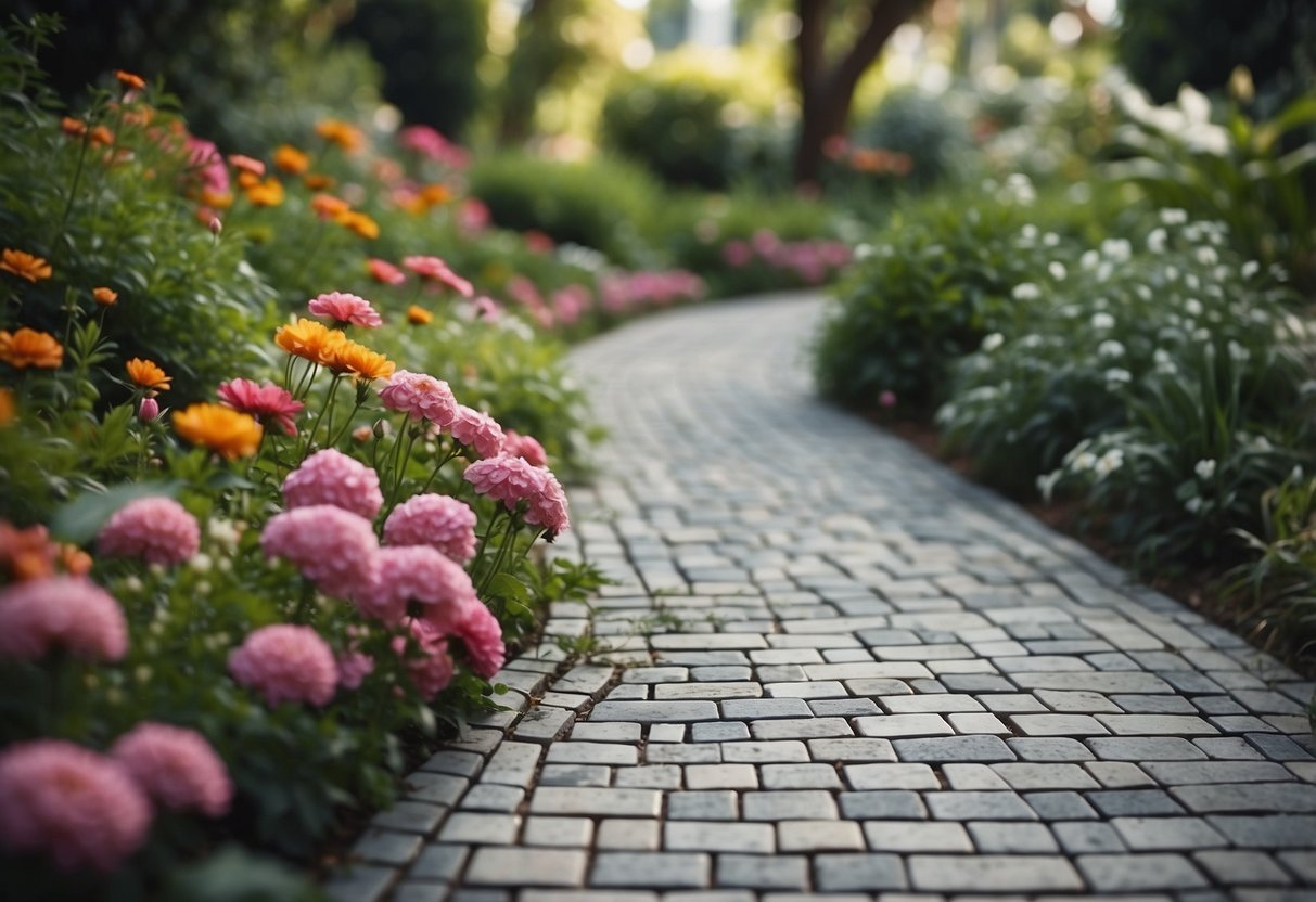 A winding pathway of grey mosaic tiles weaves through a lush garden, bordered by vibrant flowers and greenery