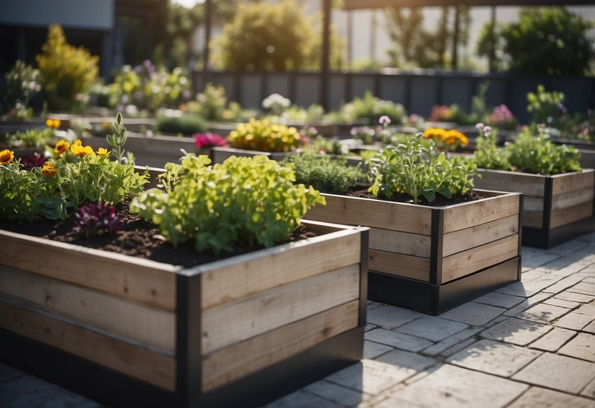 Raised garden beds surrounded by grey tile borders, with plants and flowers growing in neat rows