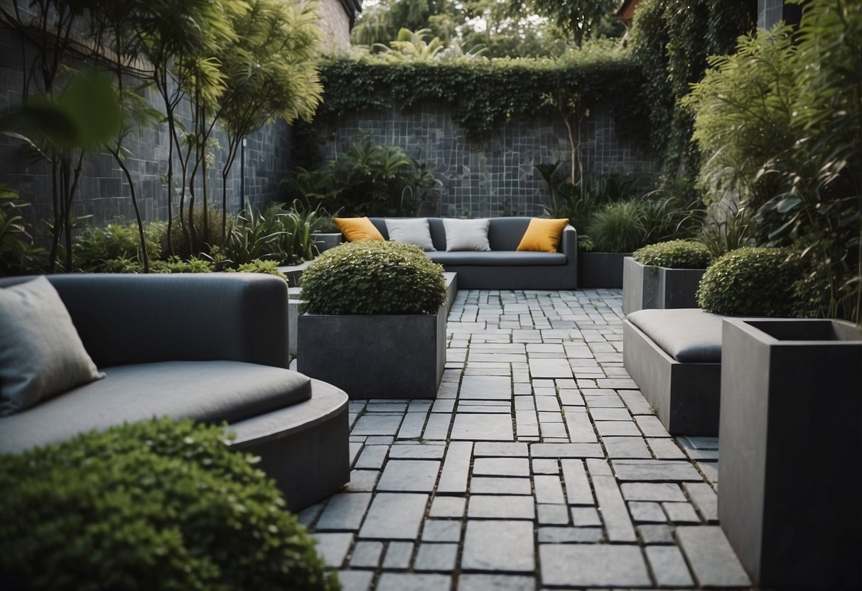 A geometric patio with grey tiles surrounded by lush garden ideas