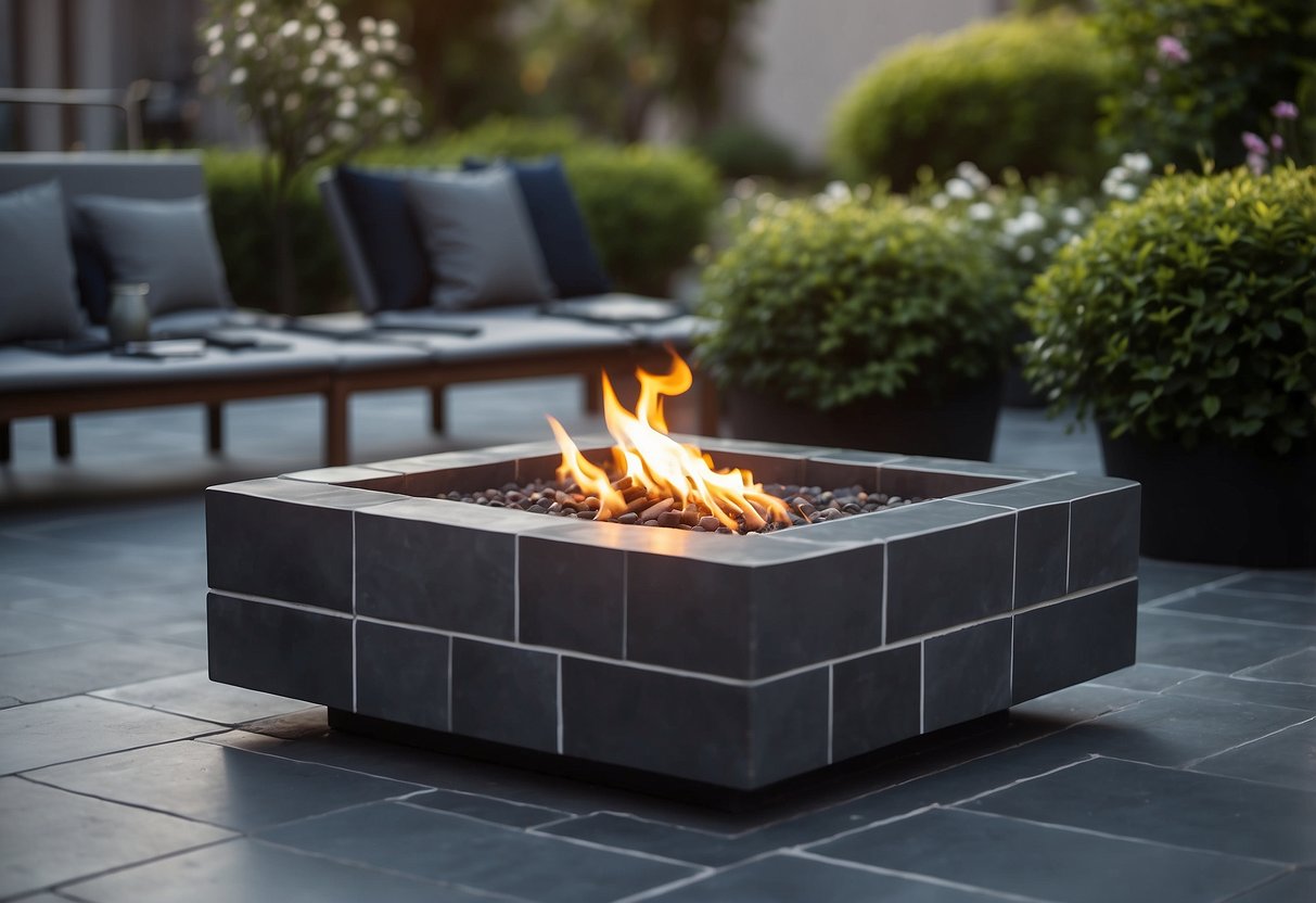 A grey tile fire pit is surrounded by a garden, with grey tiles creating a sleek and modern design