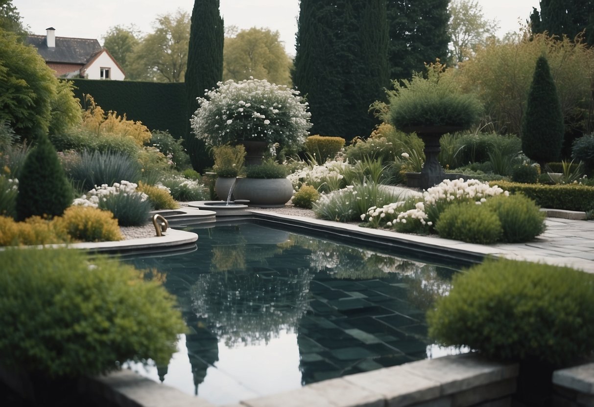 A garden with grey and white tiled water features