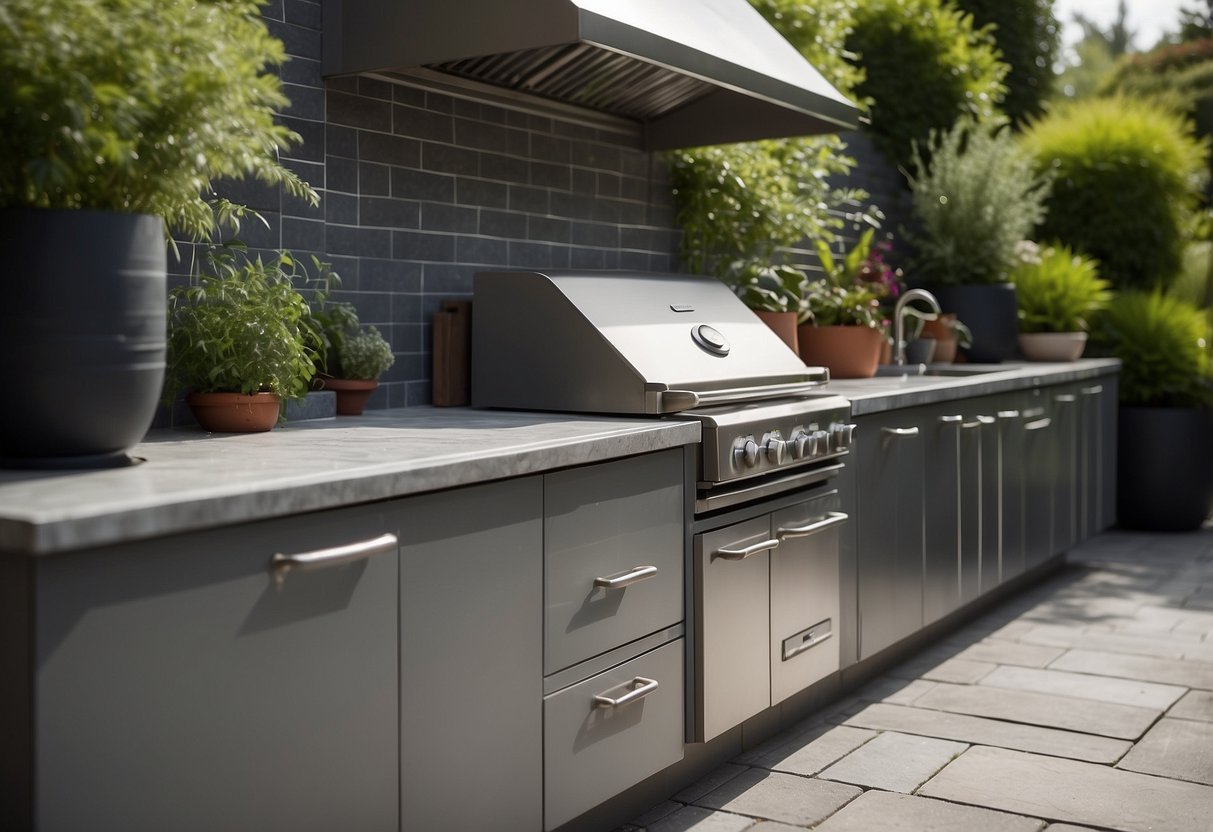 An outdoor kitchen with grey tile backsplash surrounded by garden greenery