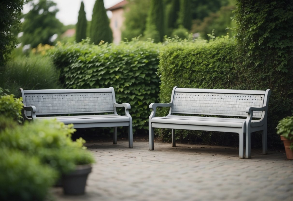 Two grey tile garden benches surrounded by greenery