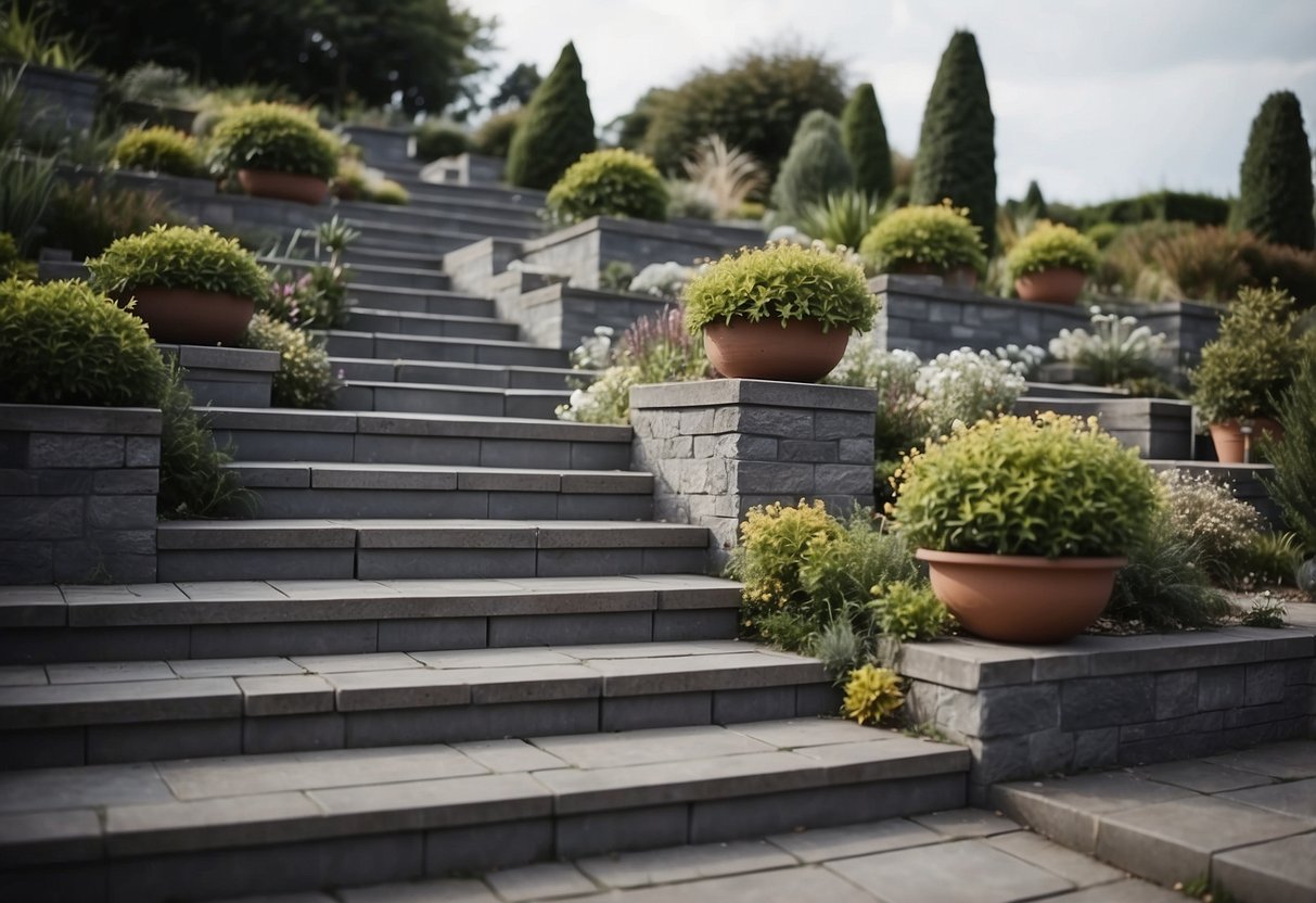 Terraced gardens with grey steps leading to grey tiled pathways, showcasing various garden ideas