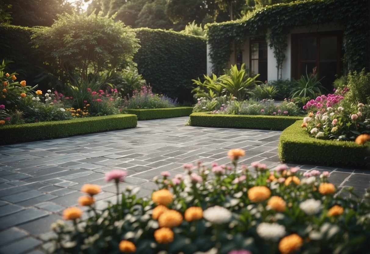 A garden with grey tile patterns arranged in creative designs, surrounded by lush greenery and vibrant flowers