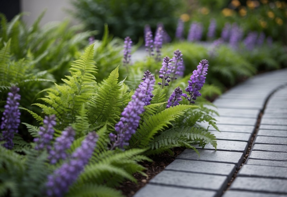 Lush green ferns and vibrant purple lavender border a pathway of grey tiles in a modern garden design