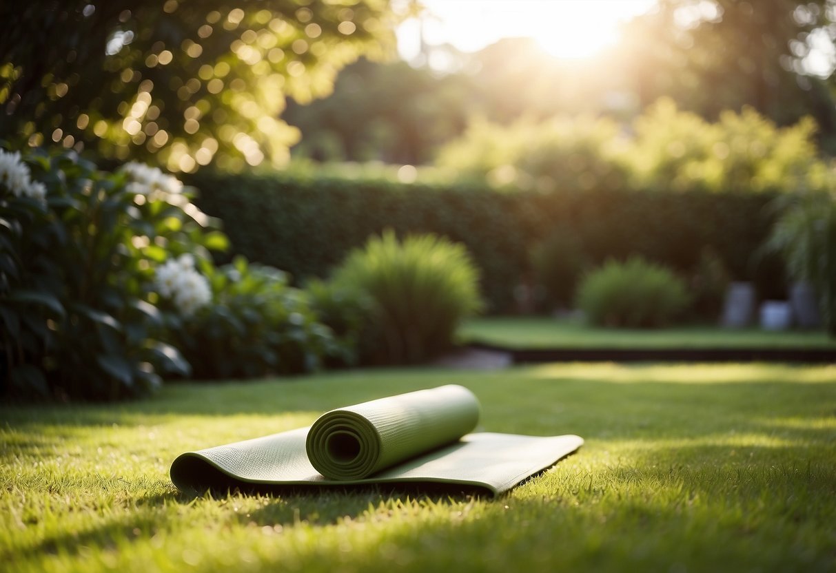 A serene garden with lush greenery, a yoga mat placed on the grass, and the morning sun casting a warm glow over the scene