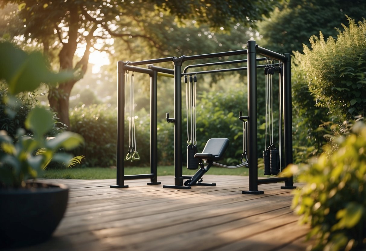 A garden gym with resistance bands set up for a HIIT circuit workout. Outdoor setting with greenery and natural light