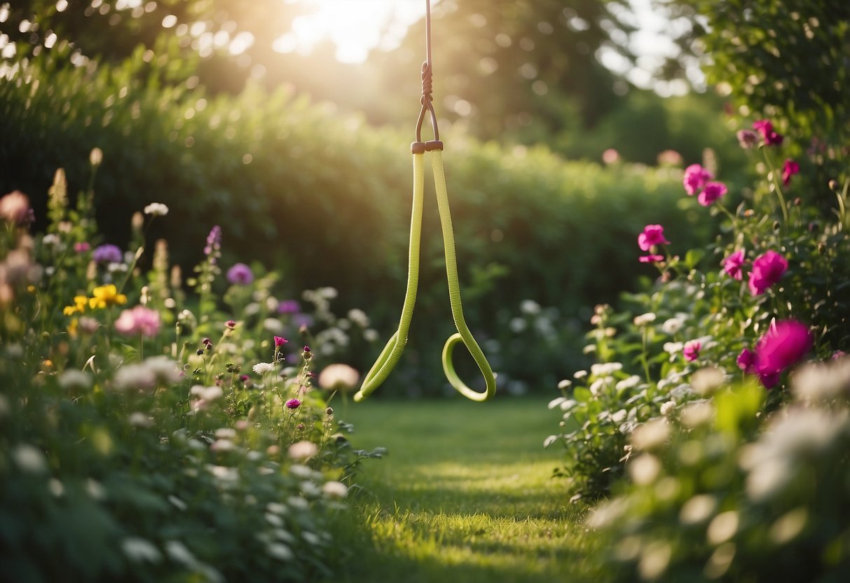 A garden gym with a vibrant green landscape, a taut skipping rope suspended mid-air, surrounded by blooming flowers and lush vegetation