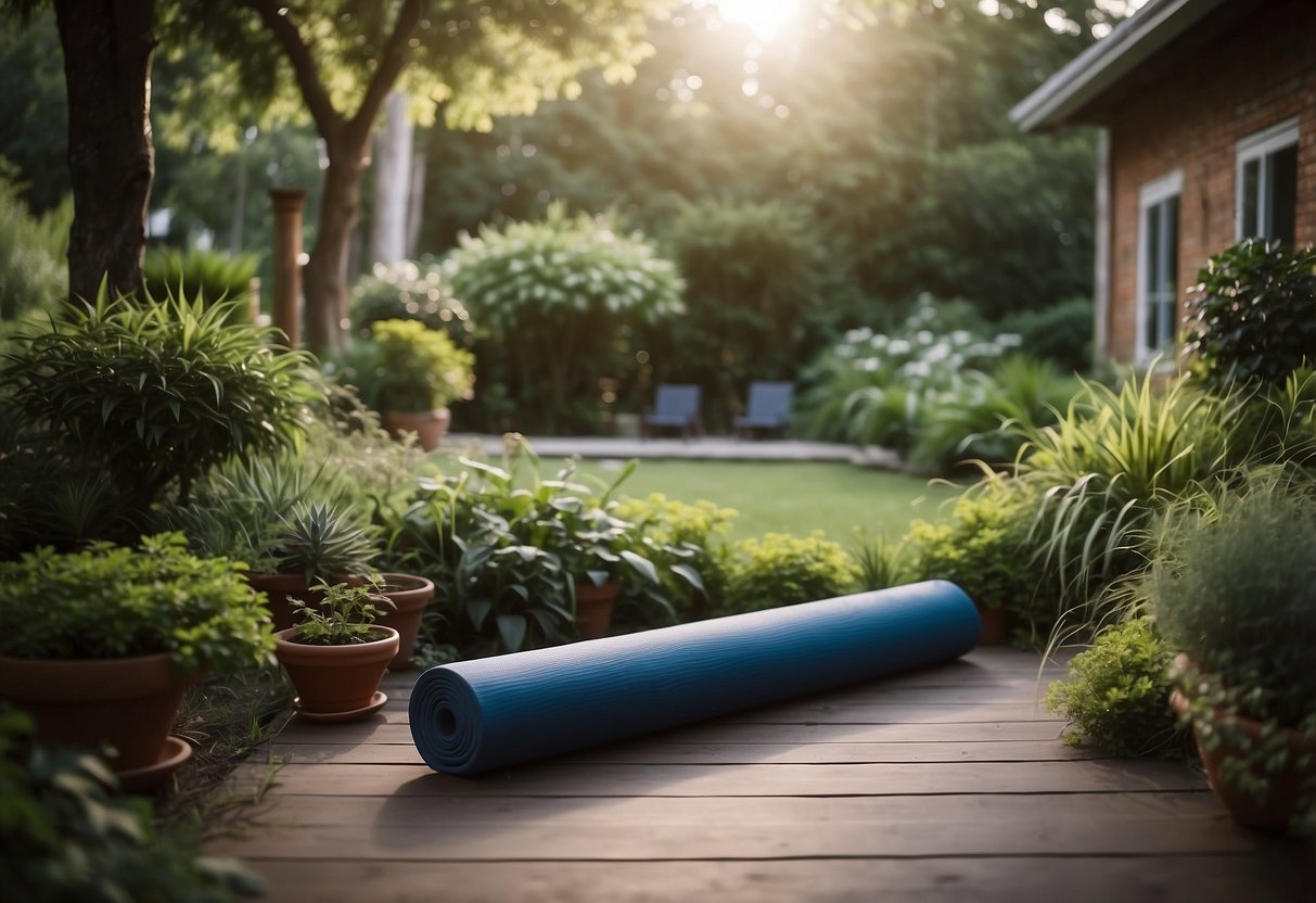 A serene garden with a yoga mat, resistance bands, and a pull-up bar surrounded by lush greenery, perfect for outdoor bodyweight exercises