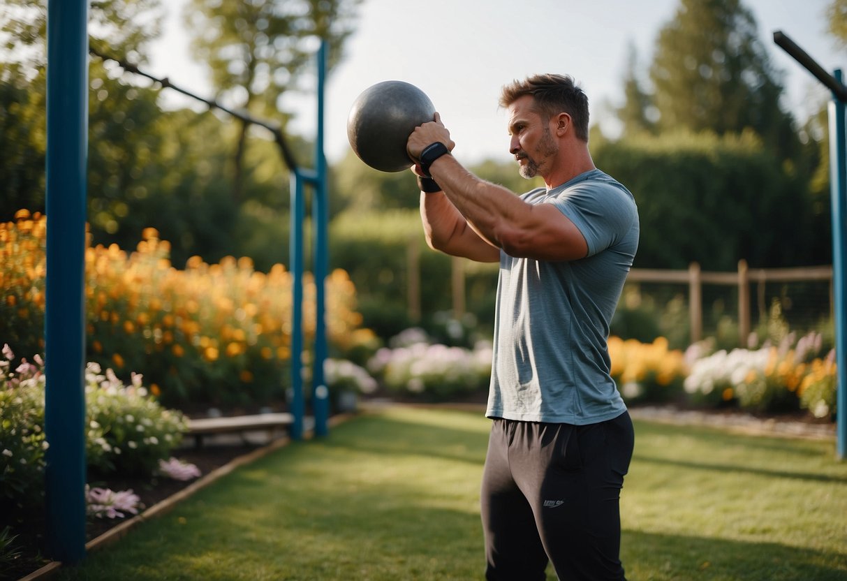 A person swings a kettlebell by flower beds in a garden gym