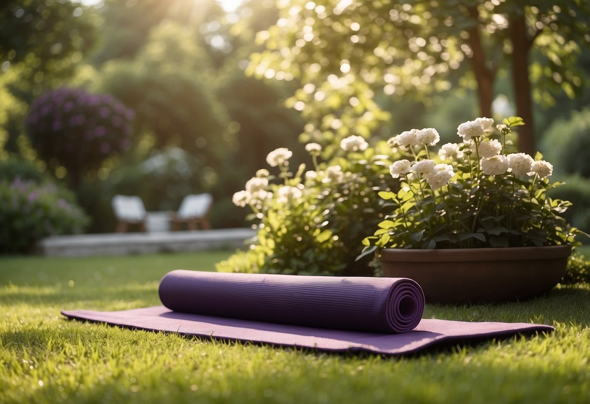 A tranquil garden with sunlight streaming through trees, a yoga mat laid out on the grass, surrounded by blooming flowers and greenery