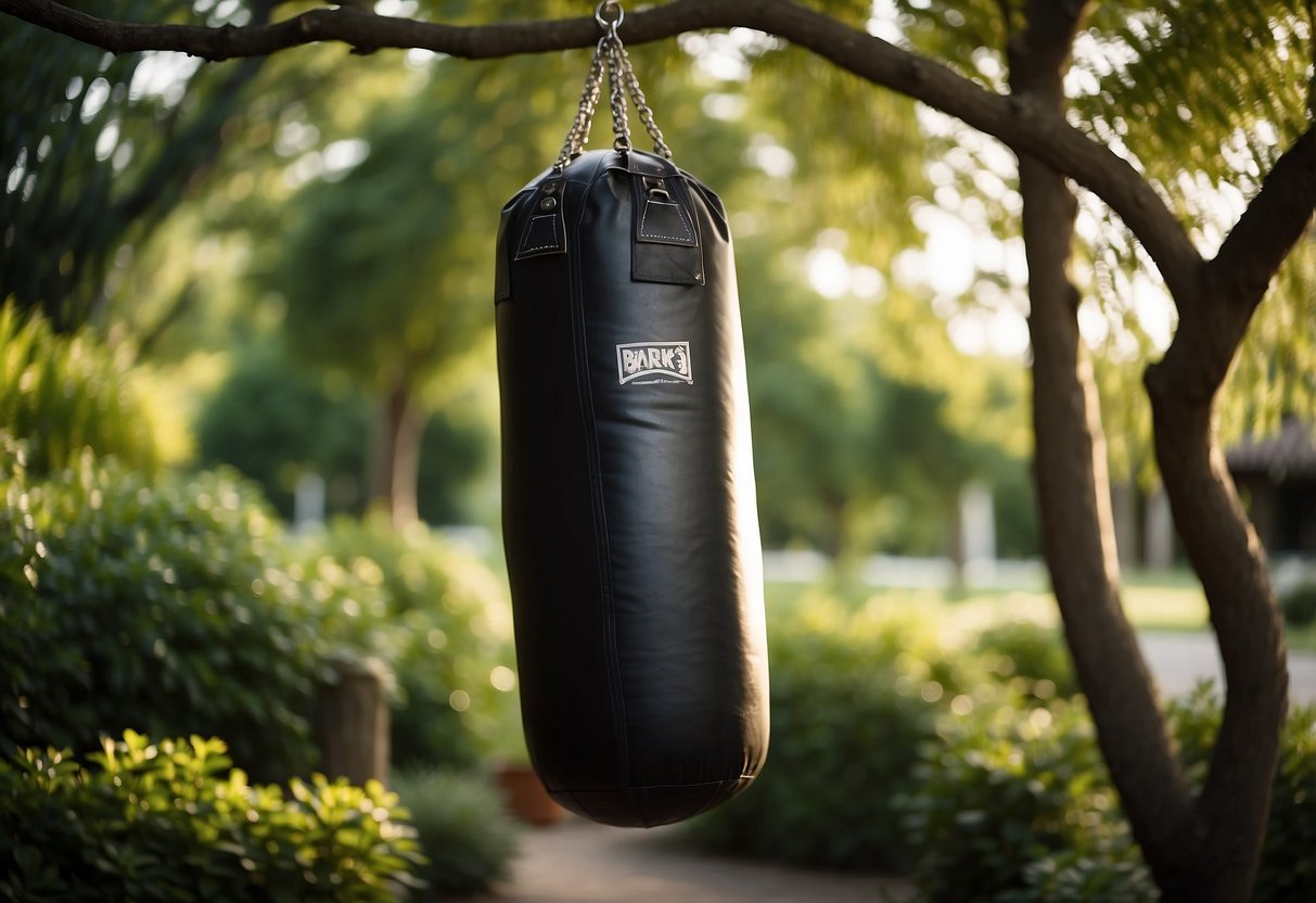 A punching bag hangs from a sturdy branch in a tranquil garden gym, surrounded by lush trees and dappled sunlight