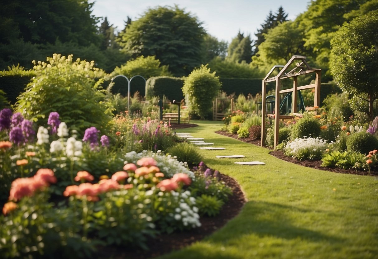 A lush garden with various exercise stations, including hurdles, cones, and agility ladders. A serene setting with vibrant flowers and greenery