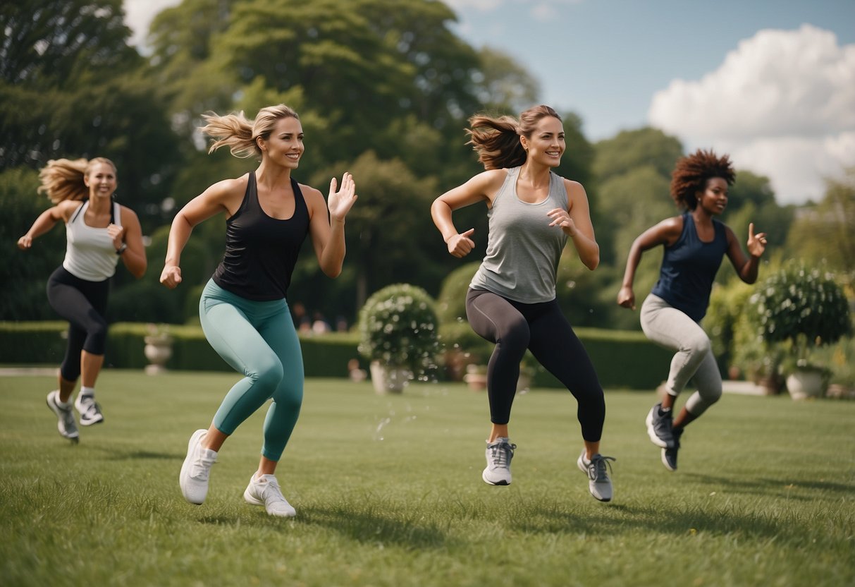 People are doing plyometric workouts on a grassy lawn, jumping and bounding with explosive movements. The garden gym is surrounded by lush greenery