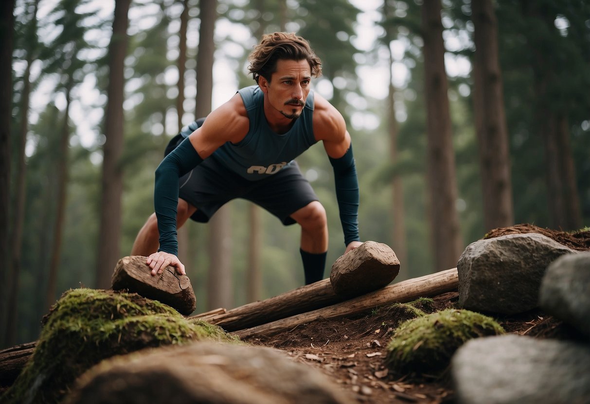 A person balances on uneven terrain, using rocks and logs for workout