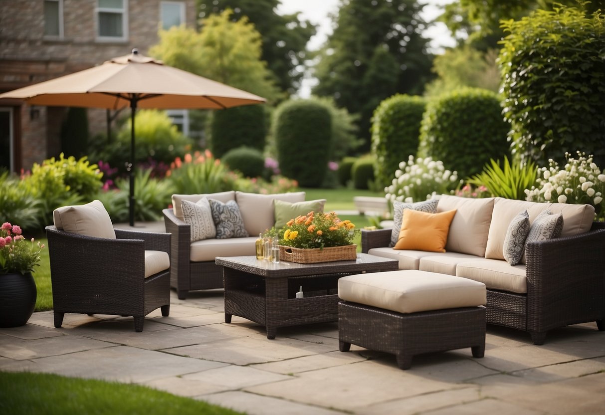 A spacious patio with a lush green lawn, surrounded by colorful flowers and shrubs. The grass is neatly manicured, and there are cozy seating areas for relaxing and enjoying the outdoor space