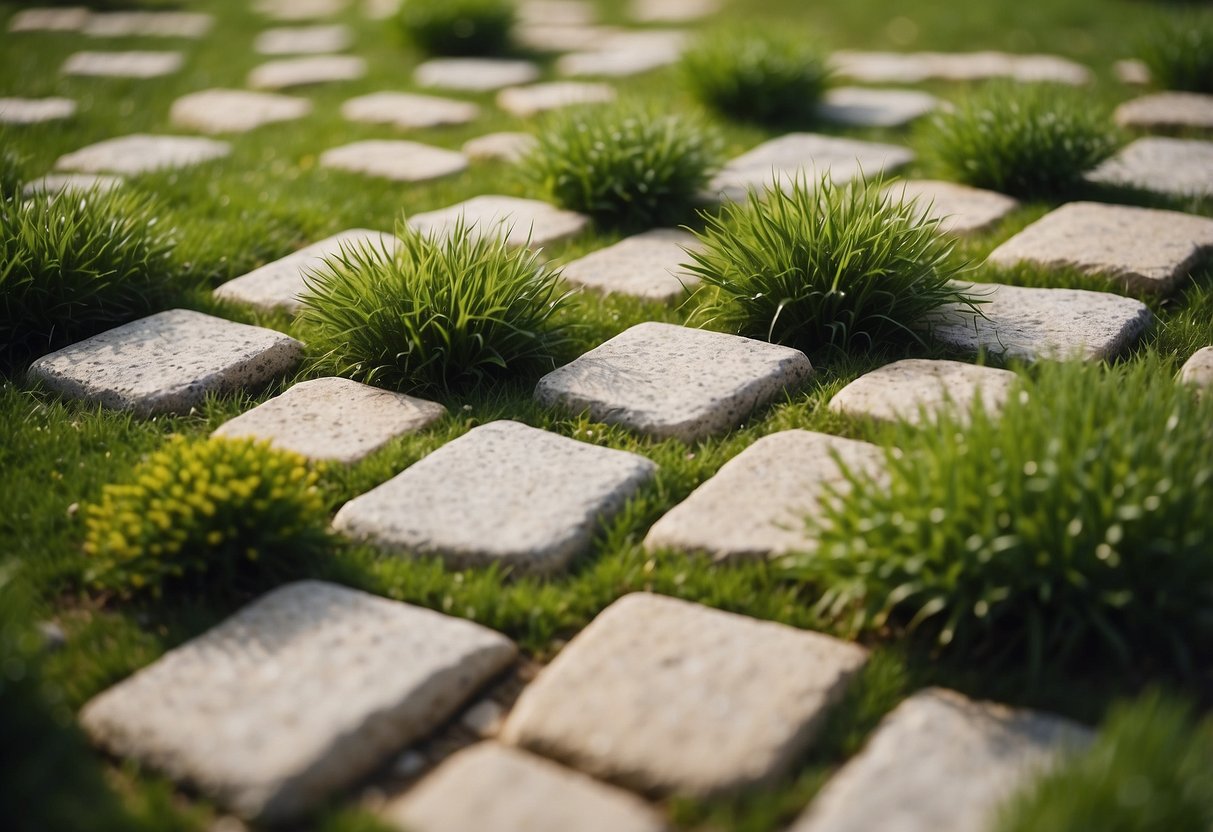 A checkerboard pattern of stone and grass in a half grass garden