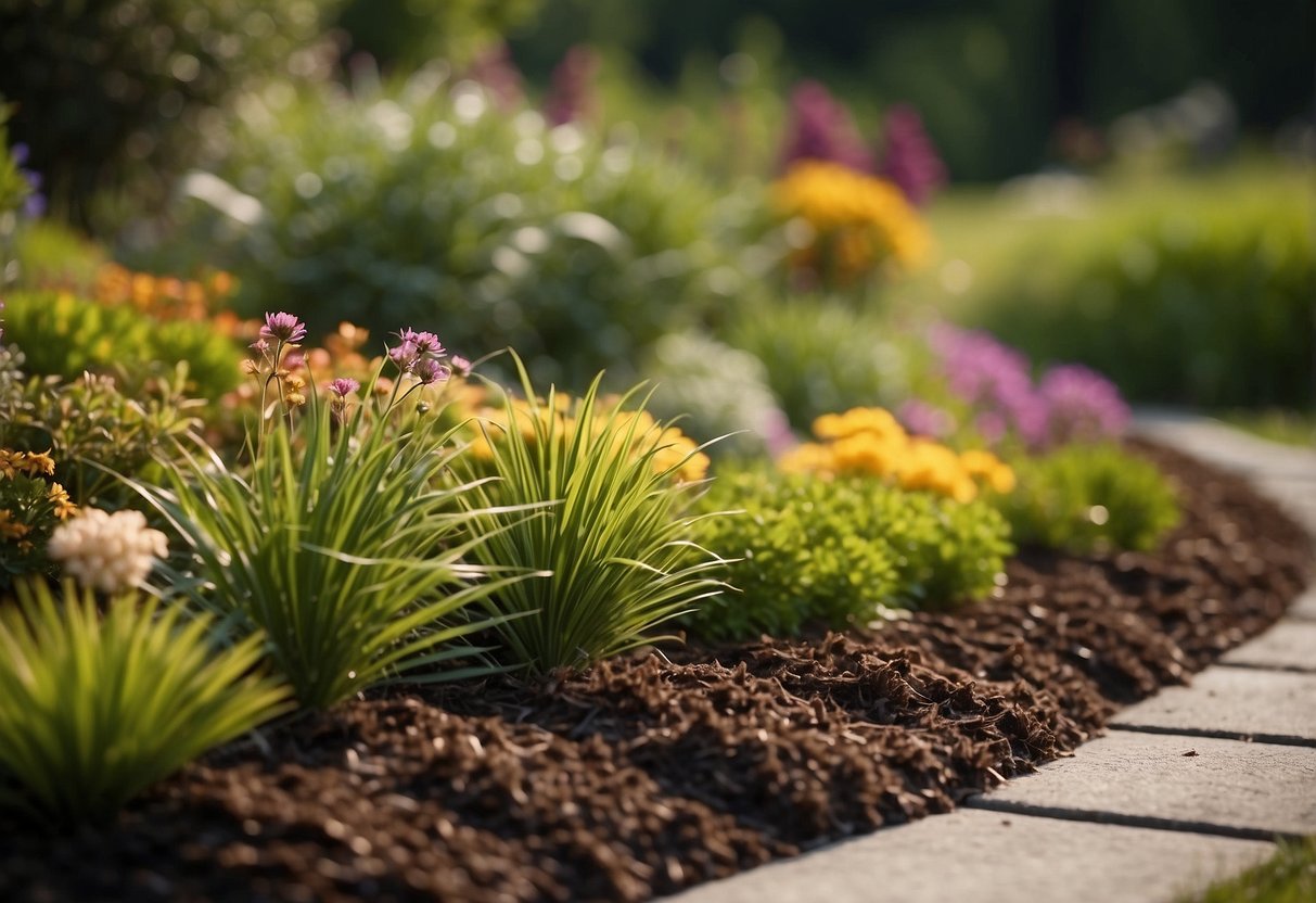 A neatly mulched garden edge with half grass, bordered by flowers and shrubs