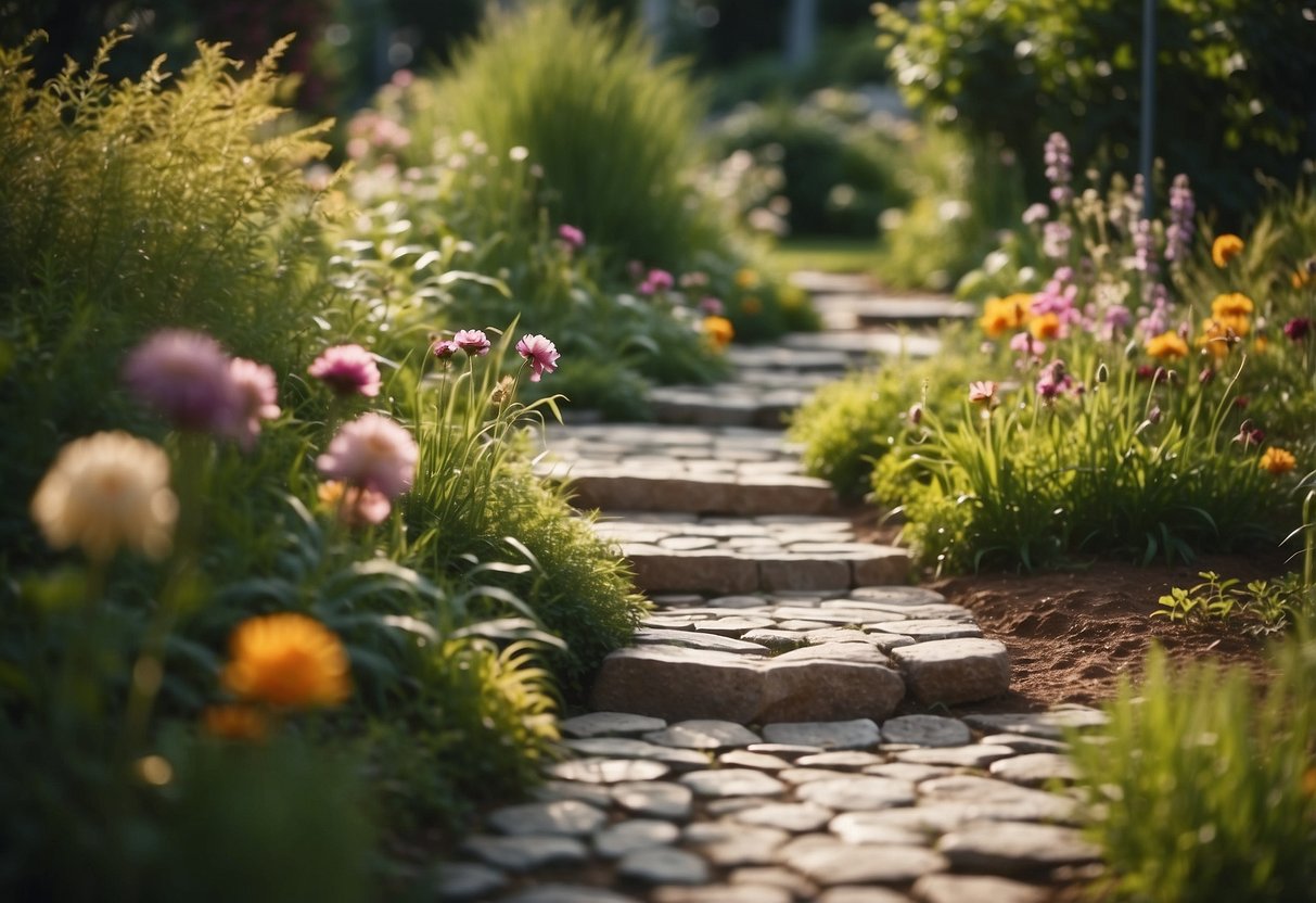 A winding stone pathway cuts through a lush garden, with patches of grass growing between the stepping stones. The garden is filled with colorful flowers and tall, swaying grasses