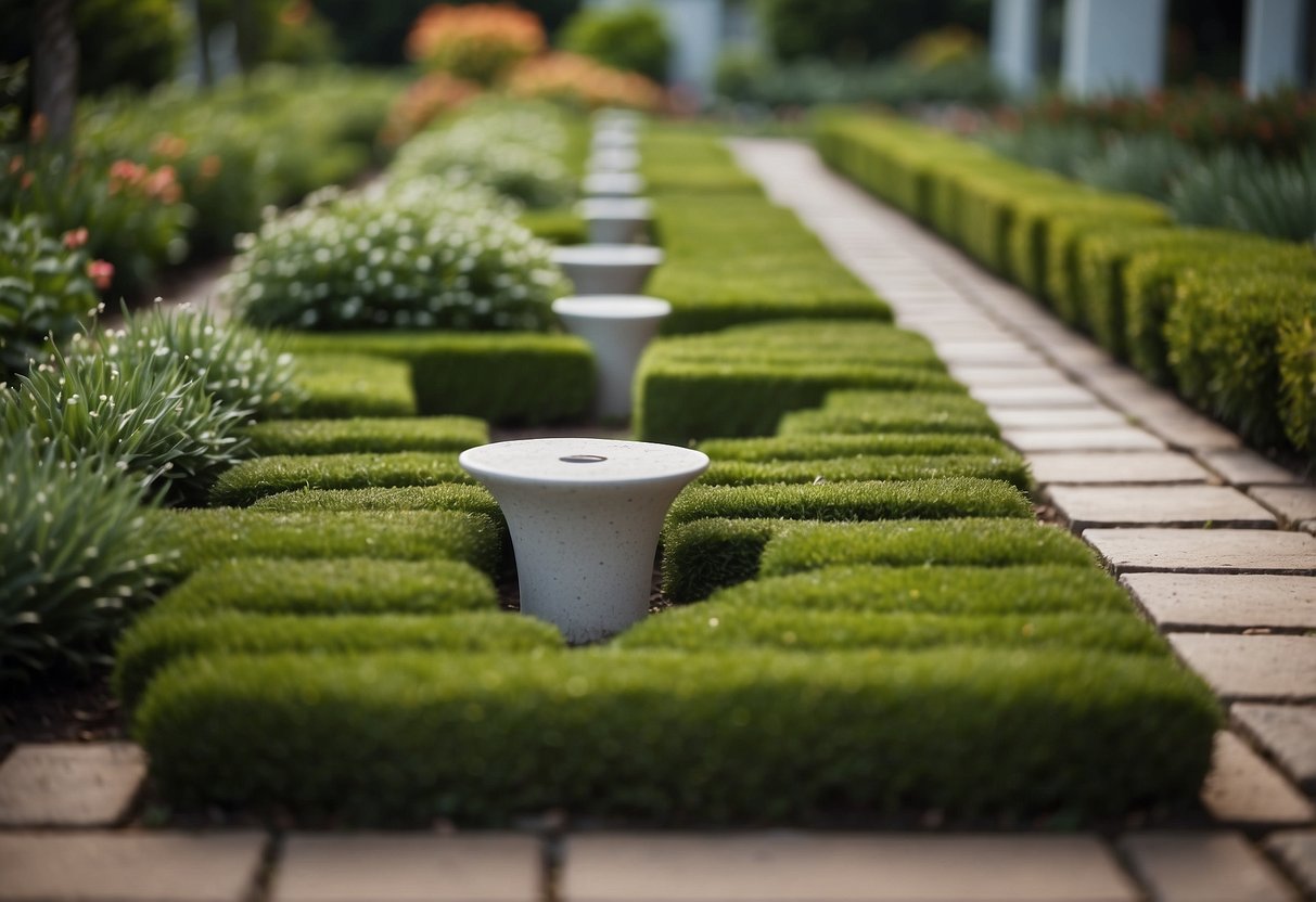 A garden with half grass and half geometric pavers, creating a modern and structured look