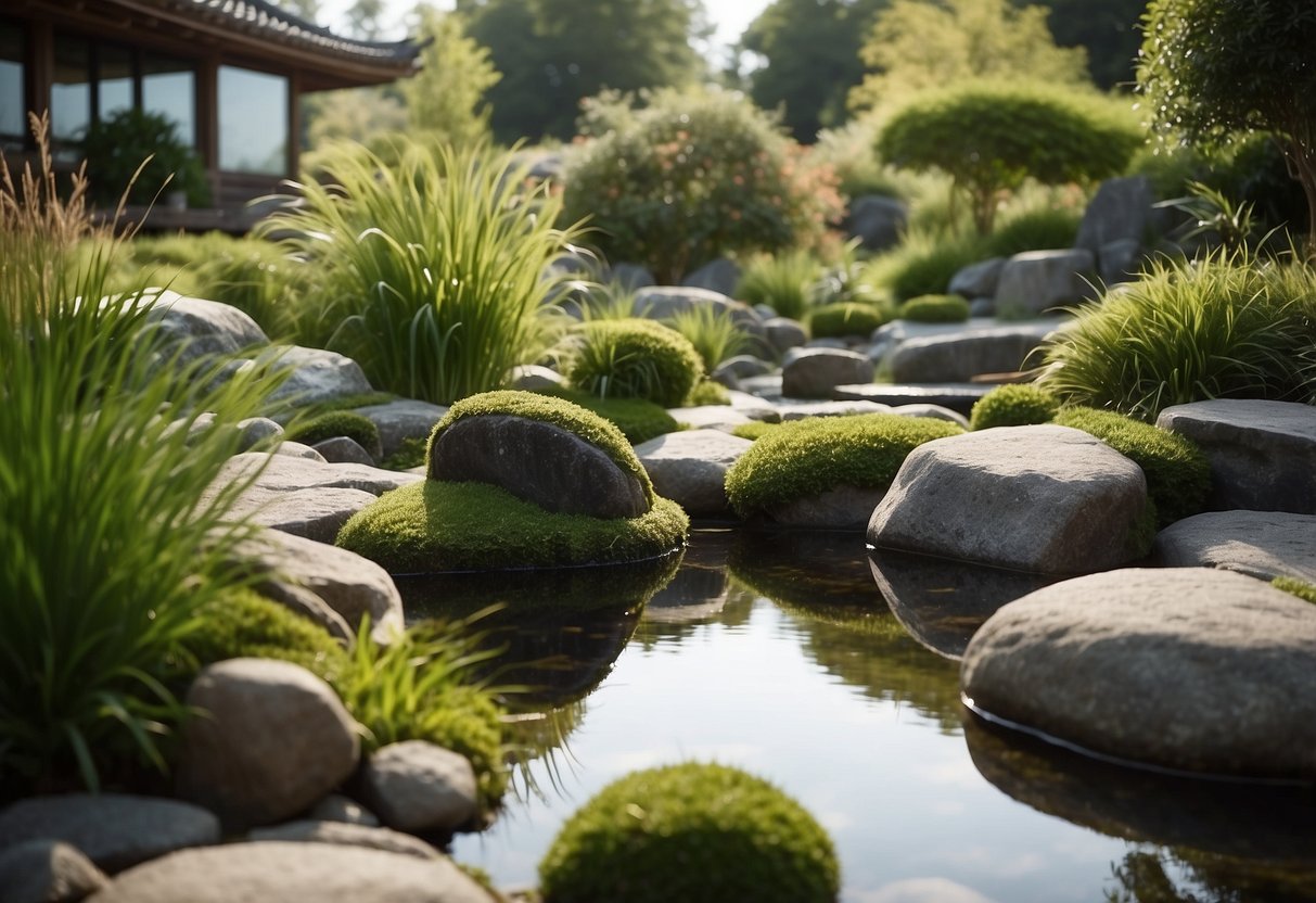 A Zen garden with grass patches, rocks, and a tranquil pond