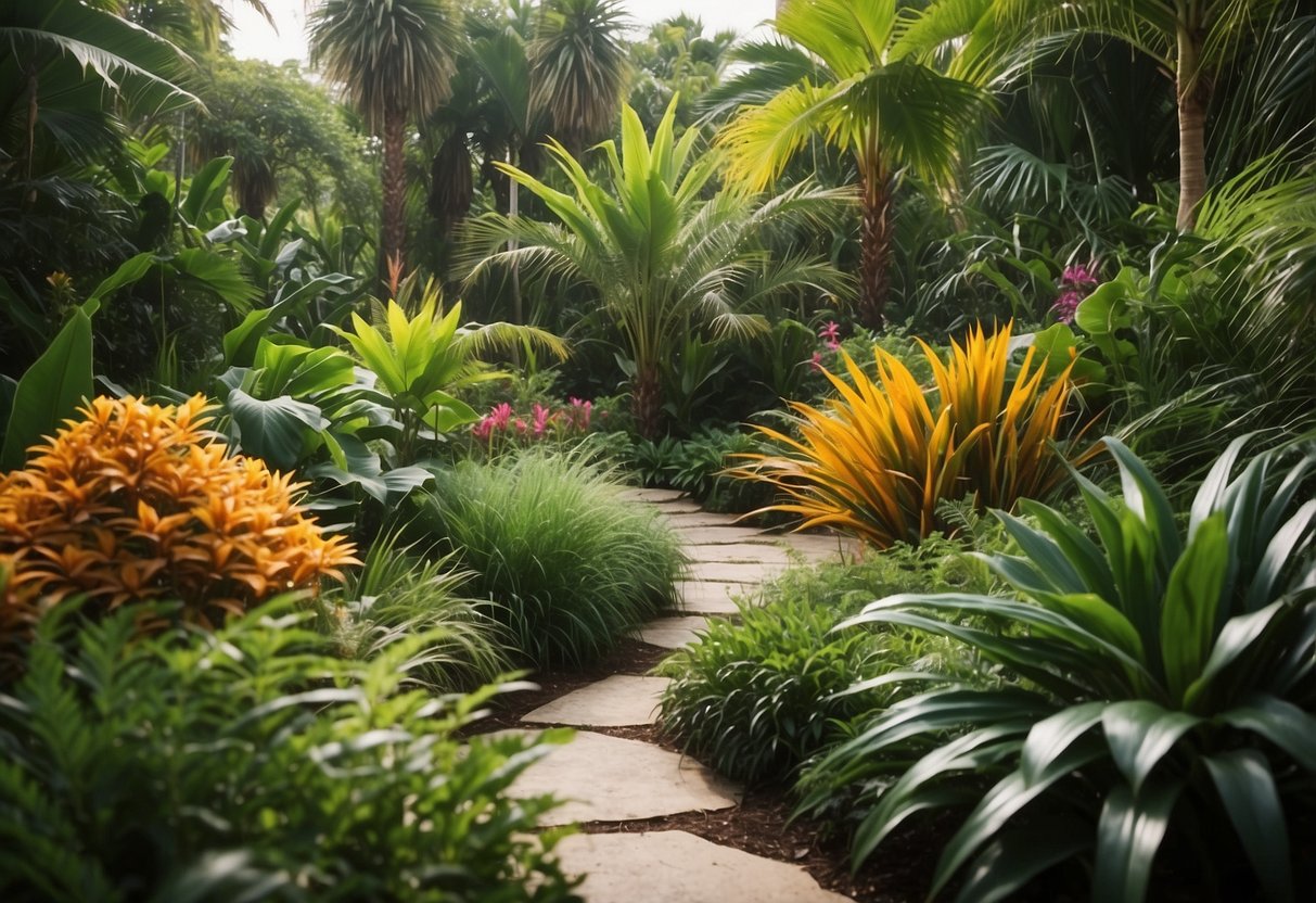 A lush blend of tropical plants and grasses creates a vibrant oasis in the garden. Rich green foliage and colorful blooms fill the space with natural beauty