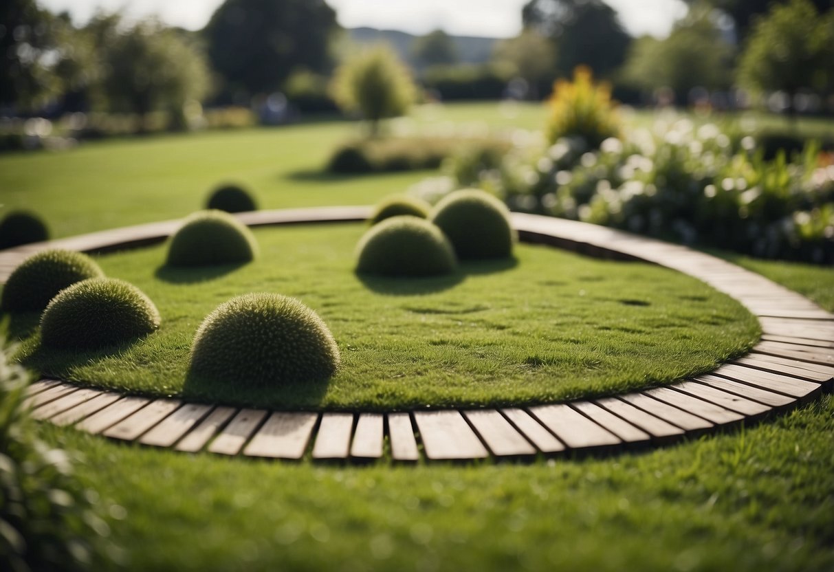 A play area with grass circles arranged in a half grass garden