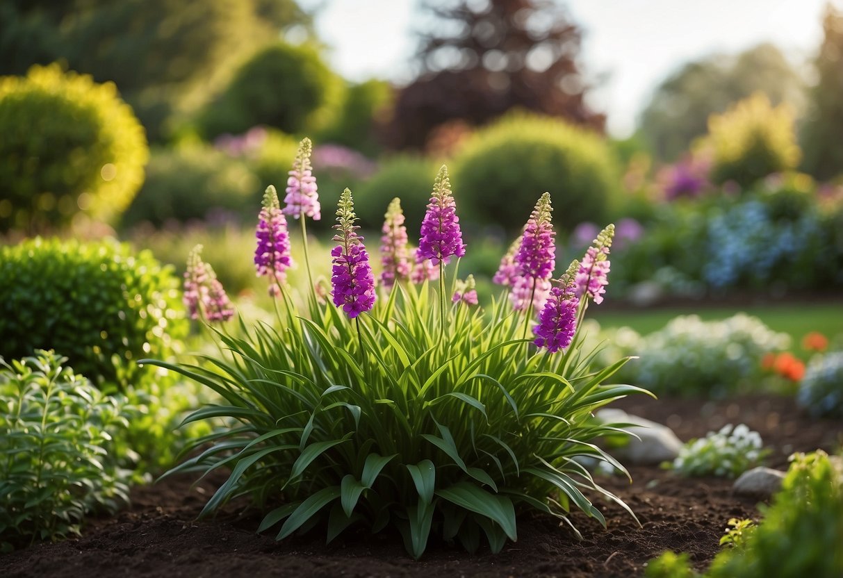 A lush garden with a clear division between grass and plant beds, featuring colorful flowers, neatly trimmed edges, and a peaceful ambiance