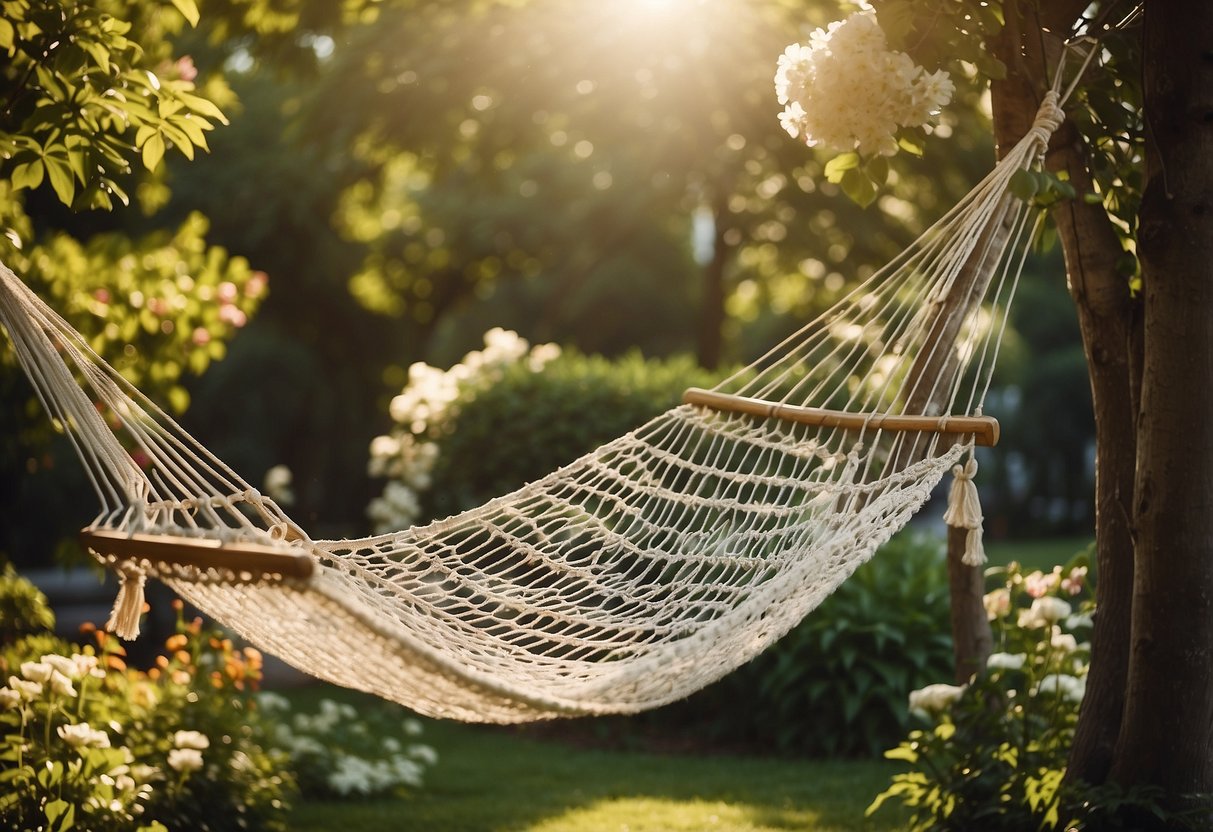 A vintage rope hammock hangs between two trees in a lush garden, surrounded by blooming flowers and green foliage