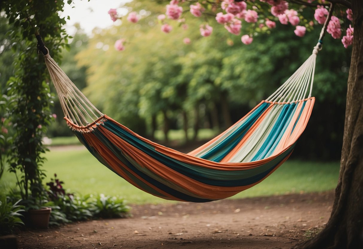 A colorful double camping hammock hangs between two trees in a lush garden, surrounded by blooming flowers and green foliage