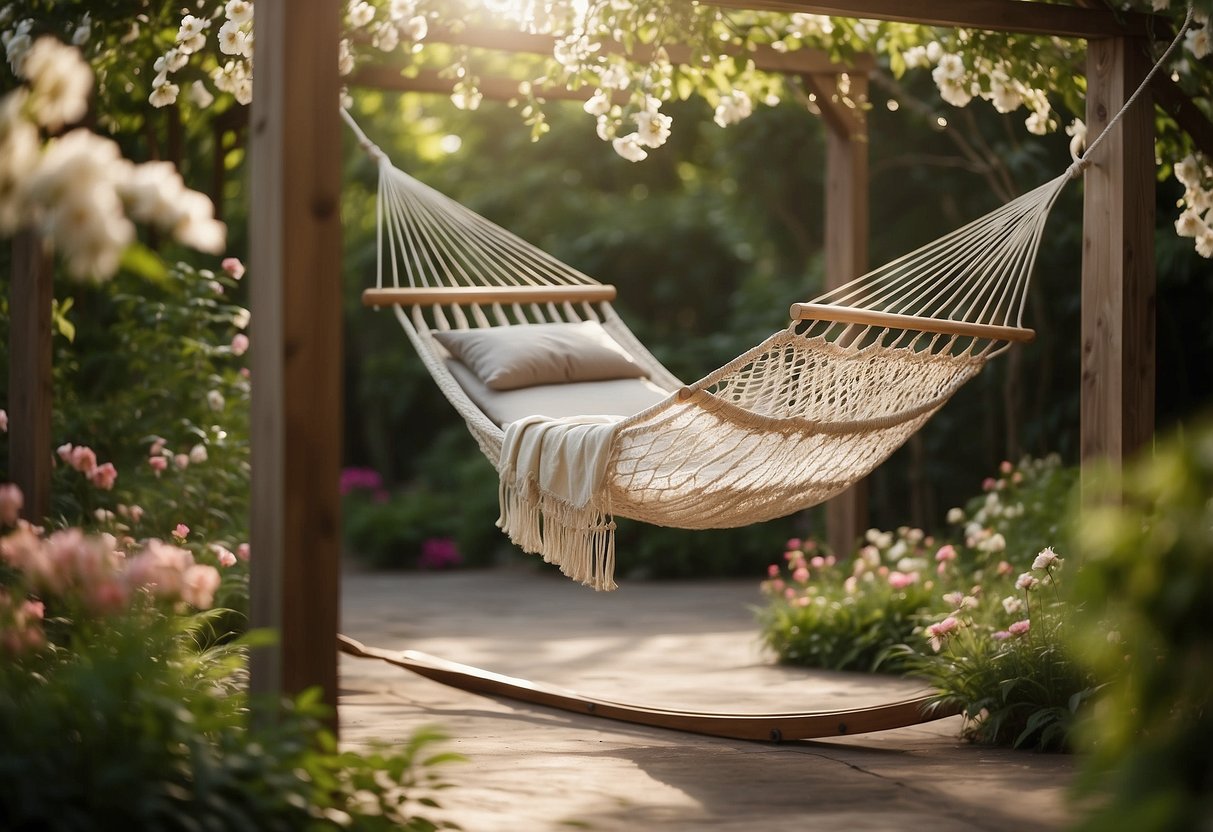 A hammock is suspended between two wooden stands in a lush garden setting, surrounded by blooming flowers and green foliage