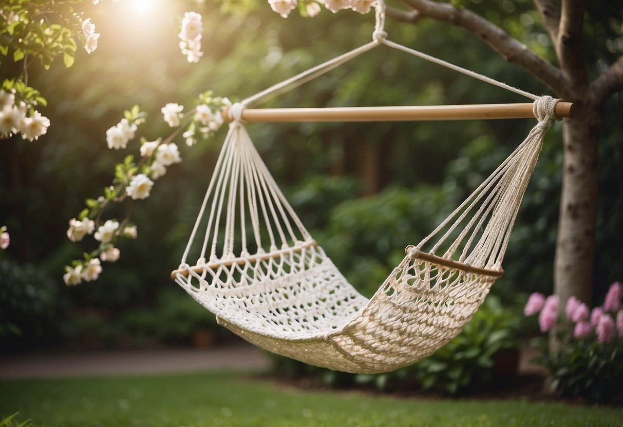 A cozy crochet hammock chair hangs in a lush garden, surrounded by blooming flowers and leafy green plants