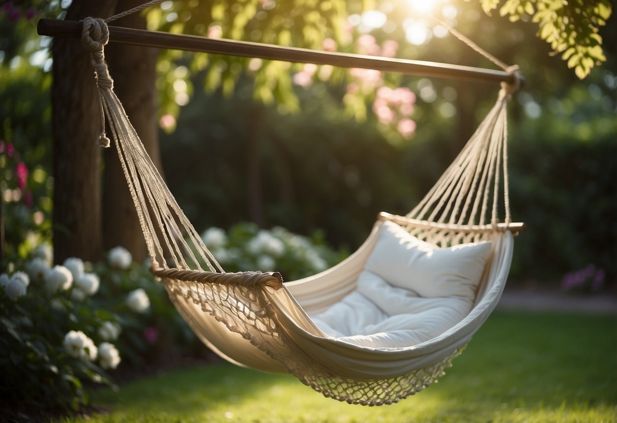 A cotton hammock swings in a lush garden, surrounded by blooming flowers and greenery. The sun shines down, casting dappled shadows on the soft fabric