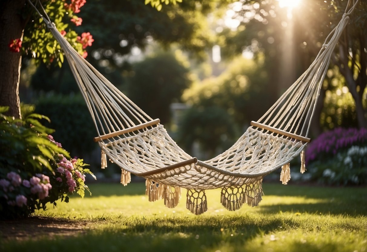 A traditional macrame hammock hangs between two trees in a lush garden, surrounded by colorful flowers and greenery. The sun shines down, casting dappled shadows on the ground