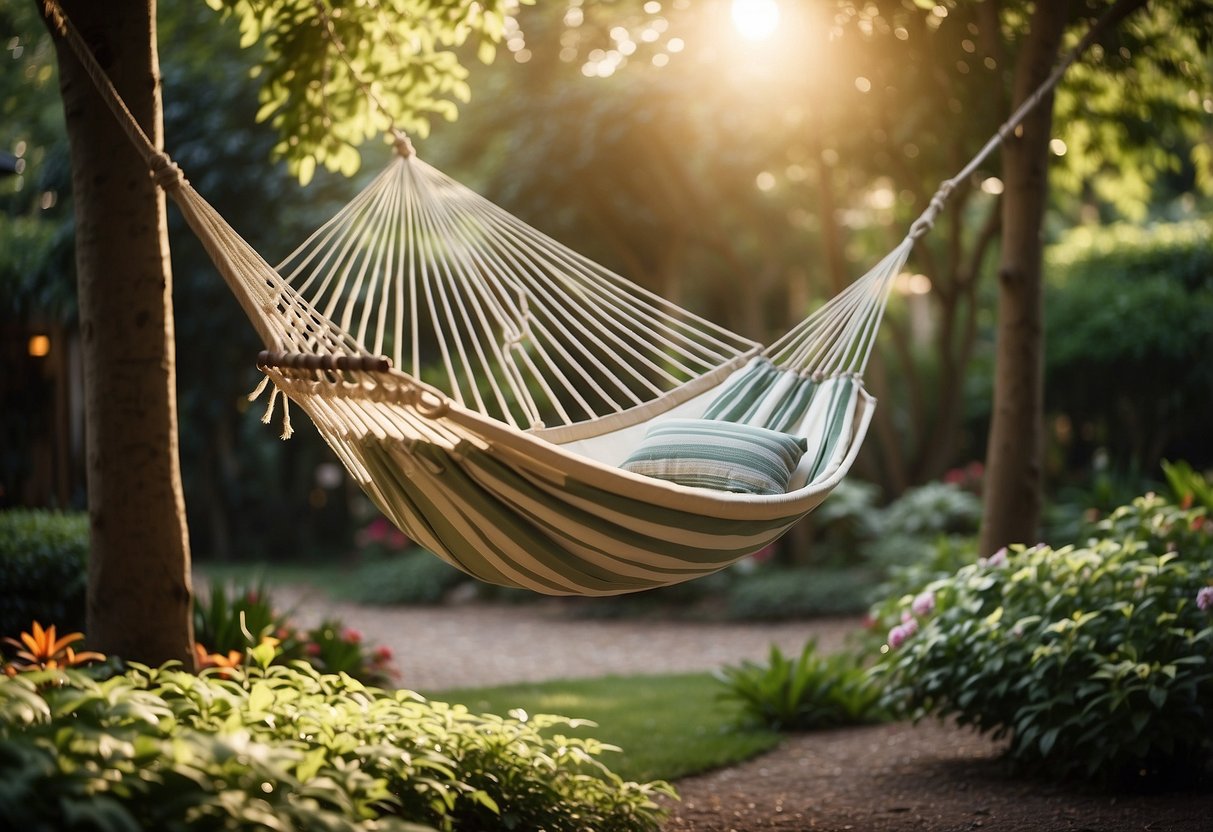 A hammock suspended under a leafy canopy, surrounded by lush greenery and vibrant flowers in a serene garden setting