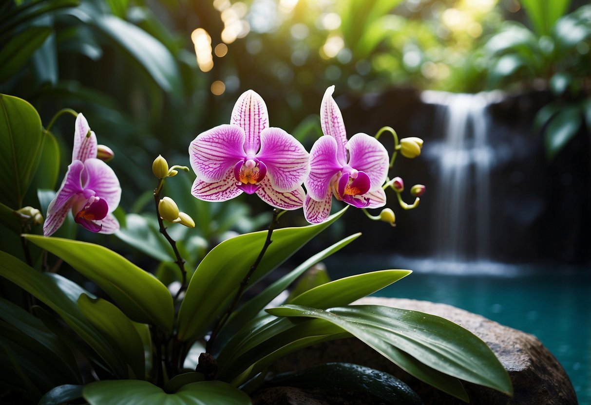 Lush green garden with vibrant orchids in bloom, nestled among tropical foliage and cascading water features