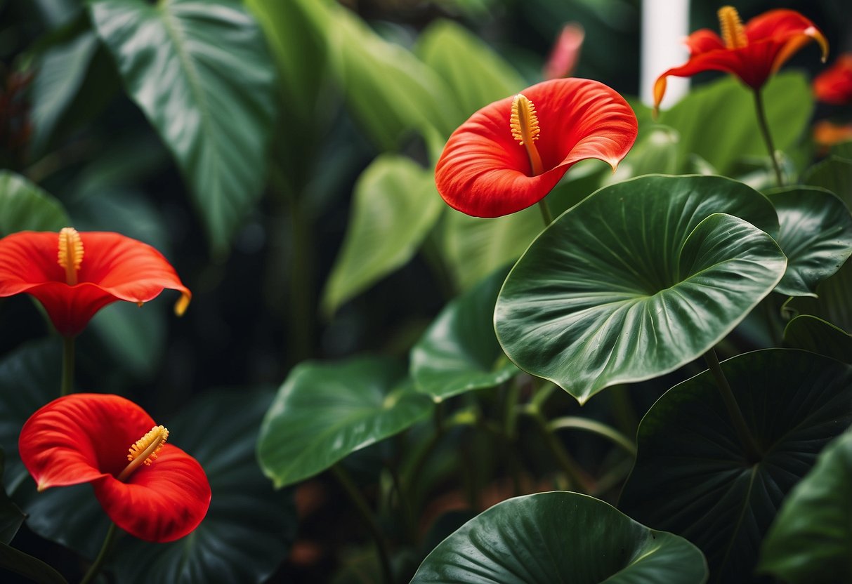 Lush green foliage surrounds vibrant red anthuriums in a Hawaiian garden. The flowers stand out against the backdrop of tropical plants