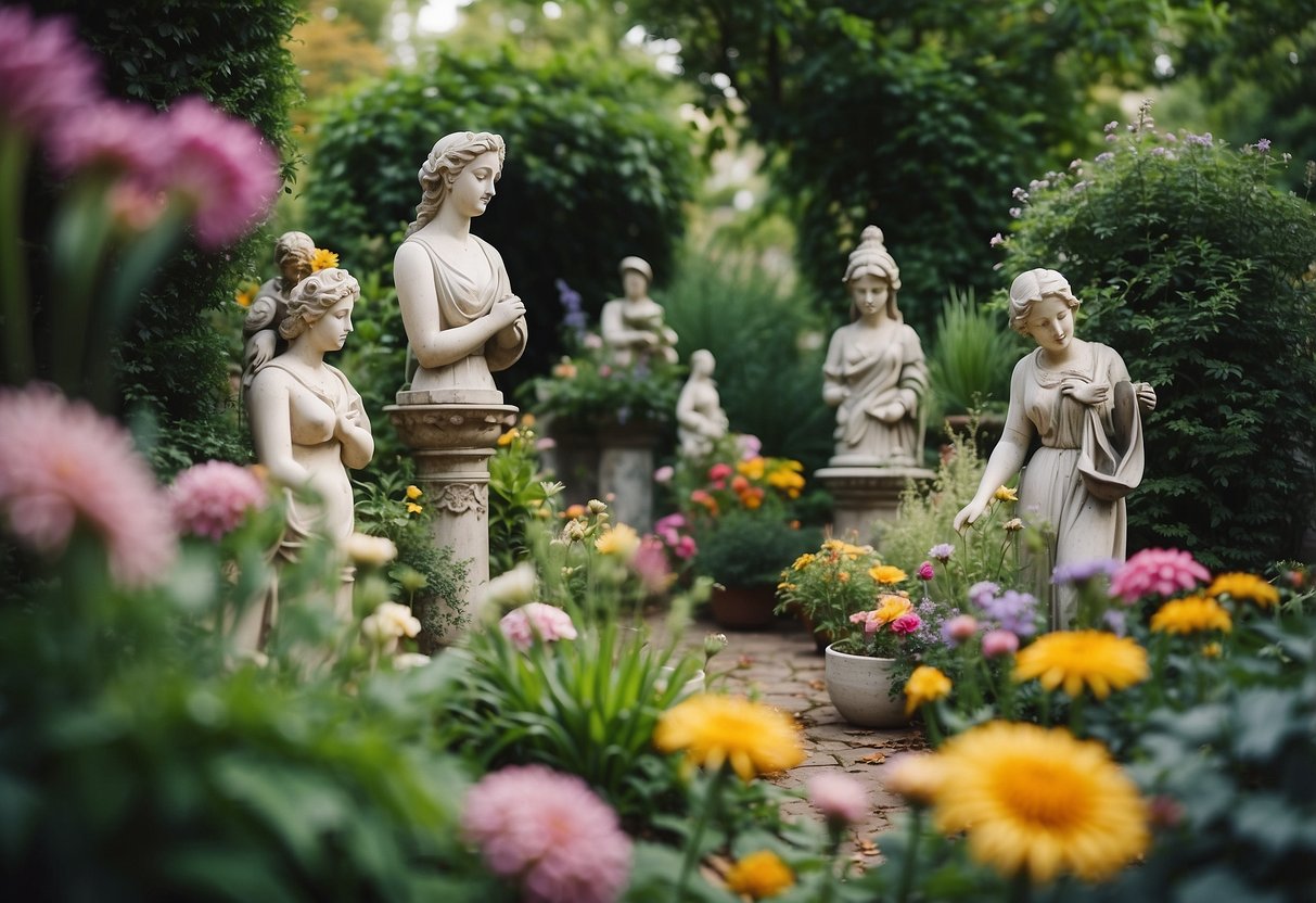 A lush garden with eclectic vintage statues, surrounded by colorful flowers and overgrown greenery